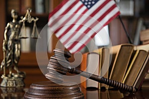 Wooden gavel on wooden table,legal books background