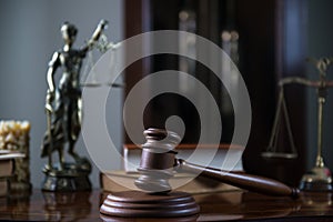 Wooden gavel on wooden table,legal books background