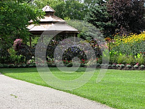 Wooden Gazebo, Flowers and Lawn