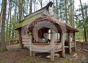 Wooden gazebo from log house called `Hut on Chicken Legs`, built in 1883, Abramtsevo Museum, Abramtsevo, near town of Sergiev Posa photo