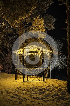 Wooden gazebo in the park at night in winter