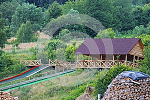 Wooden gazebo and stairs in Carpathians