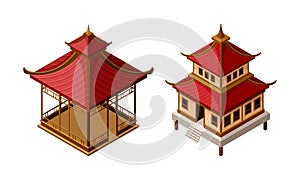 Wooden Gazebo and Tiered Pagoda in Oriental Style as Asian Architecture Isometric Vector Set