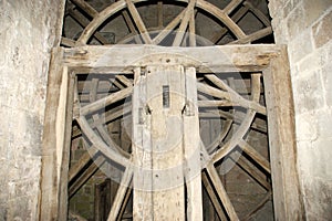 Wooden gear wheel in old windmill