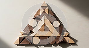 Wooden geometric blocks arranged in a