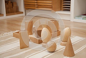 Wooden  geometric shapes in Montessori education