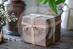 A wooden gift box made from recycled materials placed on top of a rustic wooden table, A rustic gift box made from recycled