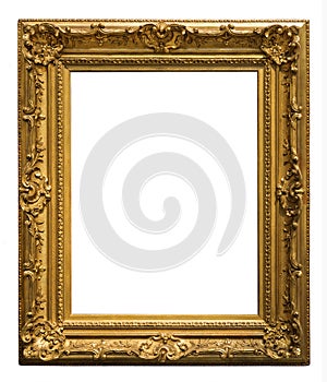 Wooden gilded vintage picture frame on white background