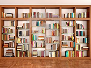 Wooden and glass shelves with different books.