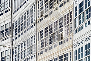 Wooden glazed windows in A Coruna, Galicia, Spain.