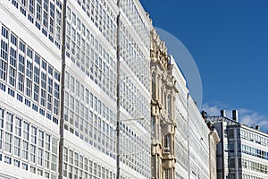 Wooden glazed windows in A Coruna, Galicia, Spain.