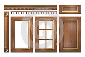 Wooden with gold door, drawer, column, cornice for kitchen cabinet isolated on white