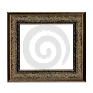 Wooden golden painted frame for paintings with patina. Isolated on white