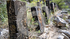 The wooden grave markers are etched with cryptic symbols and religious engravings adding to the mystery of the cemetery. photo