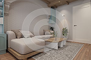 Wooden and gray fabric Modular sofa, White brick wall, Carpet in the living room, 3D rendering