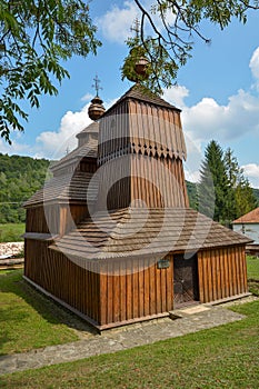 Wooden Greek Catholic Saint Nicholas Church in small village of Bodruzal in Slovakia