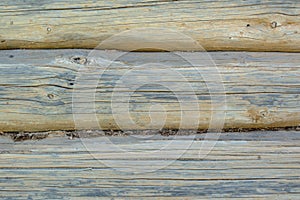 Wooden grey faded logs background with cracks and splits