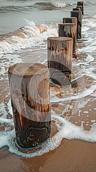 Wooden groynes on sandy beach with incoming waves