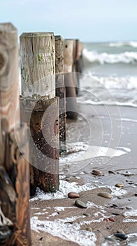 Wooden groynes on a sandy beach with waves splashing