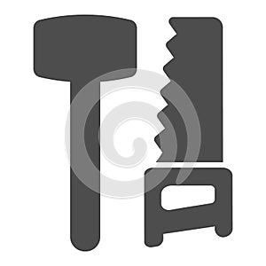 Wooden hammer and hand saw solid icon, labour day concept, Construction tools sign on white background, hammer and saw