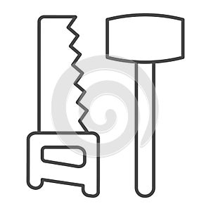 Wooden hammer and hand saw thin line icon, labour day concept, Construction tools sign on white background, hammer and