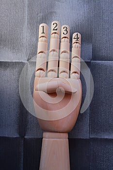 Wooden hand with four fingers raised and numbered with numbers one, two, three and four