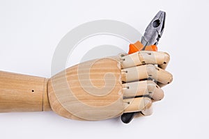 Wooden hand holding Pliers