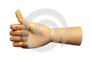 Wooden hand model showing thumbs up gesture. isolated on white background. Hand sign concept