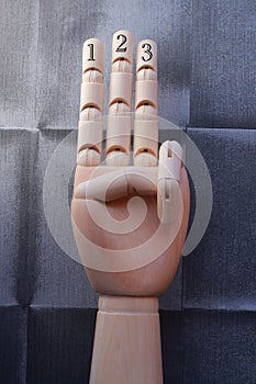 Wooden hand with three fingers raised and numbered with numbers one, two and three
