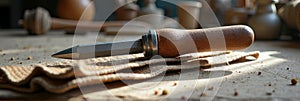 Wooden handled chisel in artisan workshop setting with burlap cloth photo