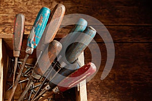 Wooden handles of old vintage screwdrivers