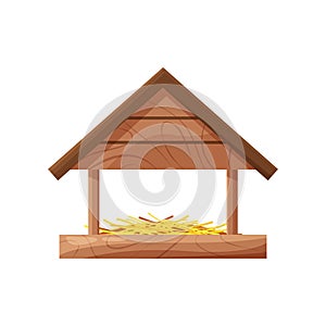 Wooden handmade bird house isolated on white background. Cartoon homemade nesting box for birds, ecology birdbox vector