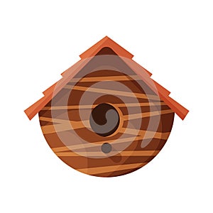 Wooden handmade bird house isolated on white background. Cartoon homemade nesting box for birds, ecology rounded birdbox