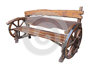 Wooden handmade garden bench with cart wheel decoration isolated