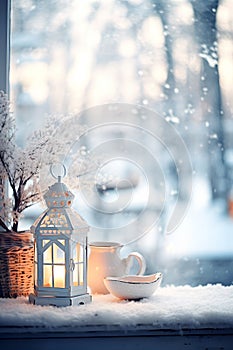 Wooden handmade lantern with burning candle inside located on window sill in winter time
