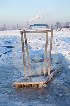 Wooden handrail for coming in ice hole water