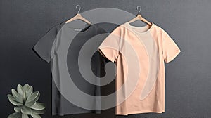 Wooden hanger with empty t-shirt hanging on dark grey background. Shopping concept. Mockup. 3D Rendering,A shirt mockup