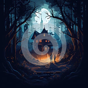 Wooden Haunted house and people. Spooky Old Haunted house in spooky dark forest. Haunted house.