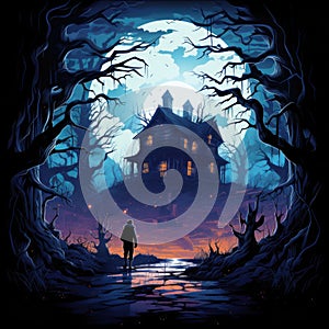 Wooden Haunted house and people. Spooky Old Haunted house in spooky dark forest. Haunted house