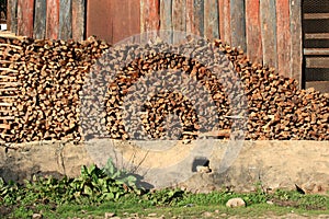 A wooden heap is stored in front of a warehouse in a village (Bhutan) photo