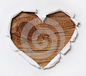 Wooden Heart. Paper Hole Ripped in Heart Shape with Old Wood