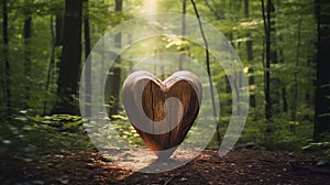 A wooden heart sculpture standing alone in a tranquil forest