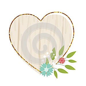 Wooden heart sign element with flowers. Vector wood board, frame, badge, label, shield, signboard collection. Brown