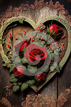 Wooden heart on a wooden wall with red roses, ai generated
