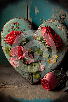 Wooden heart on a wooden wall with red roses, ai generated