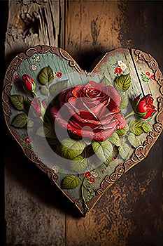 Wooden heart on a wooden wall with red roses, ai generated