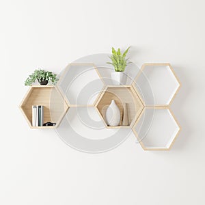 Wooden Hexagon shelf little tree, books ,decoration copy space, mock up