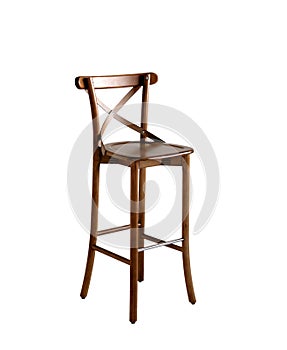 Wooden high comfortable bar stool for pub isolated on white background. Soft selective focus, art noise