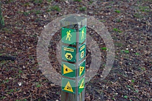 Wooden hiking trail signpost with yellow symbols and arrows on a green background