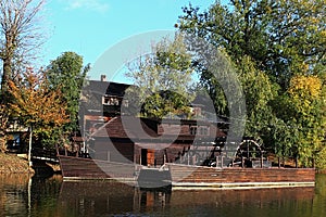 Wooden historical ship mill in Kollarovo, Slovakia, during fall season